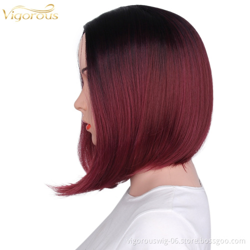 Premium vendor high quality wholesale Ombre red short straight wavy hair synthetic heat resistant wig lace front black women